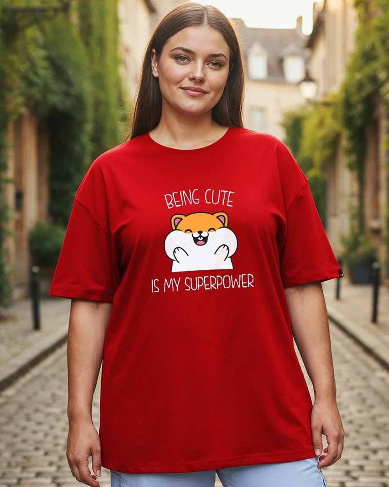 بيواكوف Women's Red Being Cute is My Super Power Graphic Printed Oversized Plus Size T-shirt